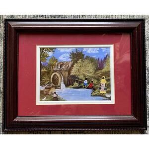 Jackie Haliburton "Water Well" Framed Matted Signed Folk Wall Vintage Art Print